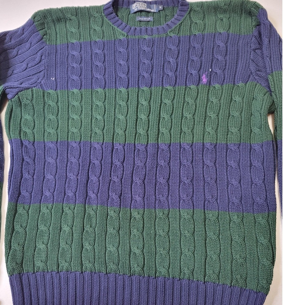 Polo Ralph Lauren Mens Medium Cable Knit Sweater Striped Blue Green Cotton 1030